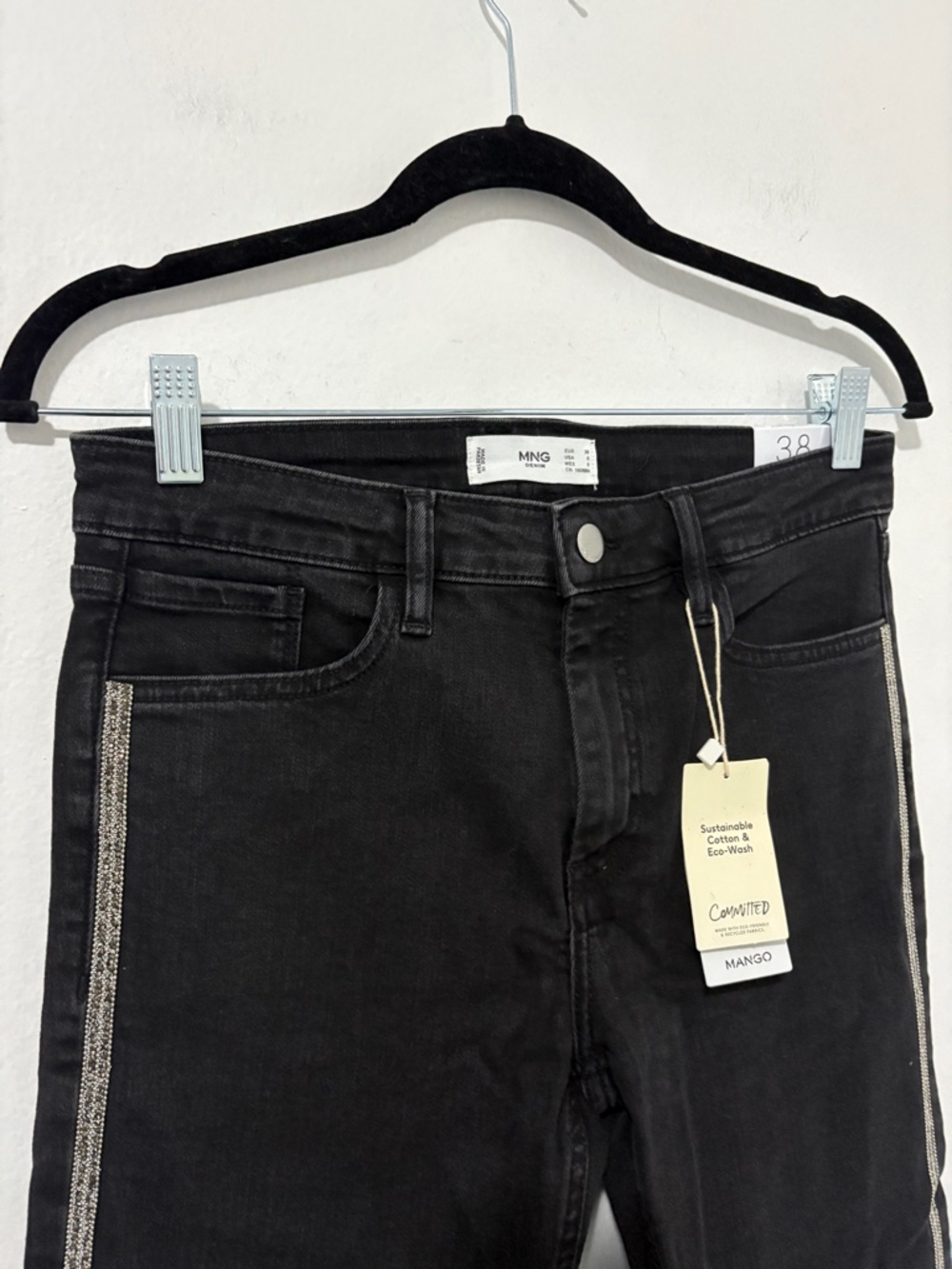 NWT Mango Black Slim Fit Jeans Rhinestone Side Stripe - size 6 - Picture 4 of 9